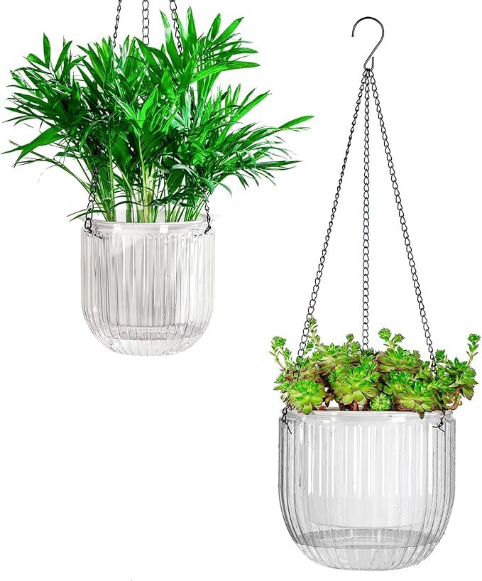 Josteve 5.2/8.2 Inch 2 Pcs Self Watering Hanging Planter Indoor Plant Pots Drainage Holes, Outdoor Small Hanging Planters Flower Pot Basket, Visible Water Level, Plant Hanger Home Decor, Gardening