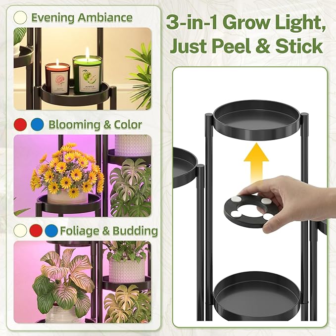 iDavosic.ly Plant Stand Indoor with Grow Light, 6 Tier Corner Metal Flower Display Holder Shelf, Easy Assembly Folding Tall Orchid Rack for Patio Balcony Porch Garden Living Room House, Black