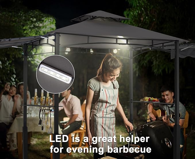 ABCCANOPY Grill Gazebo with 2 Side Awnings - 14x5 Outdoor BBQ Canopy Shelter with 2 Led Lights for Patio Backyard Grilling (Dark Gray)