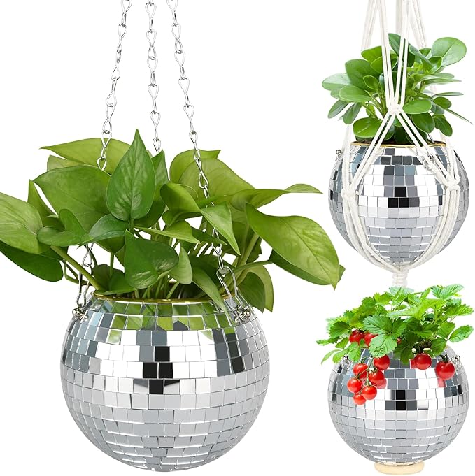 6" Disco Ball Planter, Disco Ball Plant Hanger with Hanging Rope, Hanging Chain, Hook, Circle and Extra Mirror Pieces