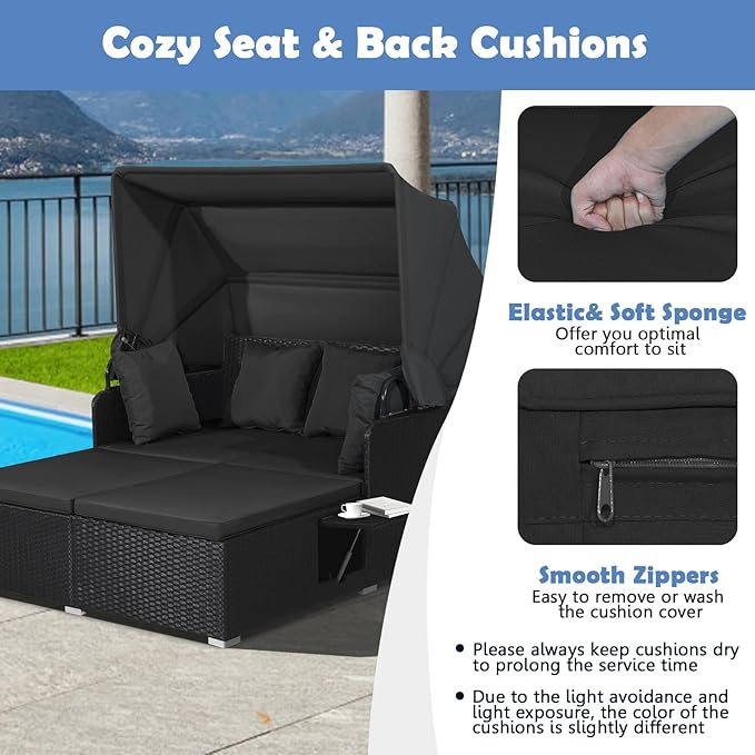 Tangkula Patio Rattan Daybed with Retractable Canopy, Outdoor Wicker Sunbed Lounger with 2 Foldable Side Tables, Thick Seat & Back Cushions, Outside Double Daybed for Garden, Backyard, Porch (Black)