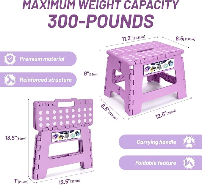 Delxo 9 inch Folding Step Stool, Non-Slip Foldable Small Stools Up to 300 LBS, Kids Step Stool with Handle Lightweight for Kitchen, Bathroom, Bedroom, Garden, Light Purple, 1PC