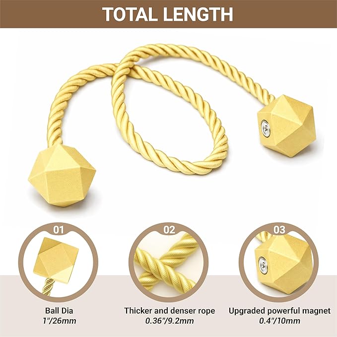 Hion Magnetic Curtain Tiebacks Golden 2pcs, Curtain Tiebacks Buckles Holdbacks Holders Hooks Clip for Home Bedroom Office Decorative Curtain