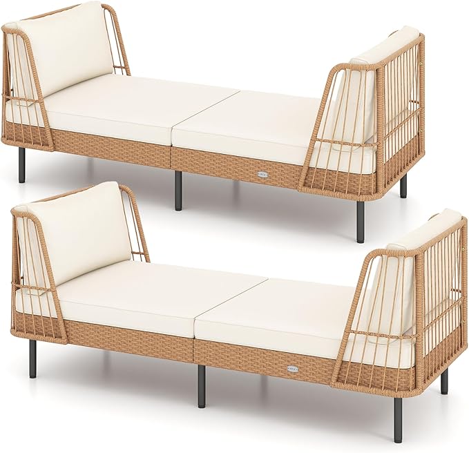 Tangkula Patio Rattan Daybed Set of 2, Boho Outdoor Wicker Lounge Sofa with Seat & Back Cushions, 2-Seat Bench Sun Lounger Chair with Robust Metal Legs for Deck, Backyard, Porch, Poolside (Off White)