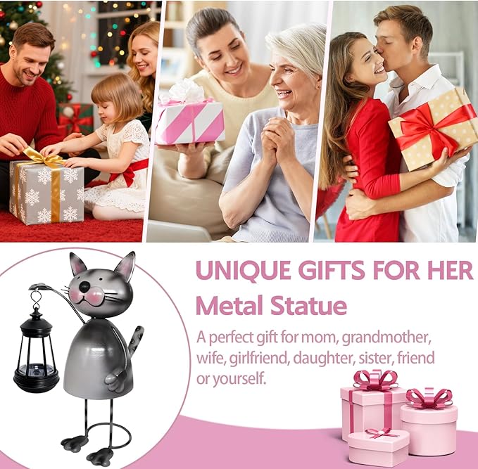 Garden Decor Cat Solar Statues,Unique Garden Statues Cat with Solar Lantern Waterproof, Birthday Gifts for Women Mom Grandma, Front Patio Balcony Yard Art Lawn Ornaments Porch Outdoor Decoration