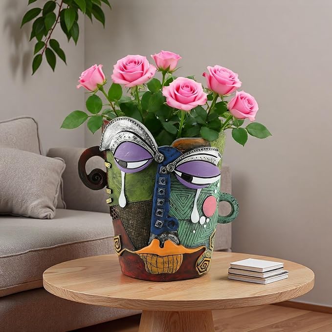 Picasso Abstract Face Flower Pot,Unique Resin Crafted Planter with Drainage Holes,Interesting Colorful Planter with Human face,for Indoor and Outdoor Botanical Home décor (Tears)