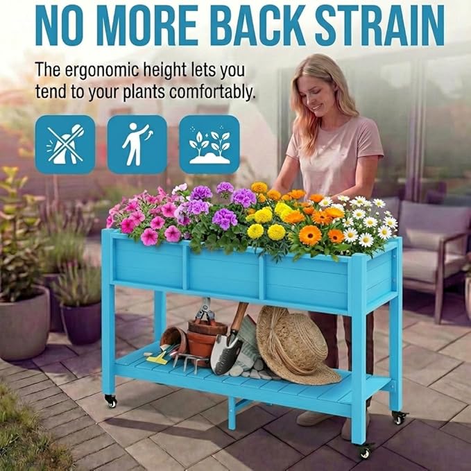 YITAHOME Raised Garden Bed HDPE, 47x18x31In Raised Flower Bed Poly-Wood Weather-Resistant Elevated Planter Box with Lockable Wheels & Storage Shelf for Vegetable Flower, Aruba Blue