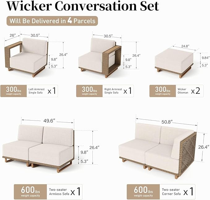 L Shaped Patio Furniture,Outdoor Rattan Wicker Sectional Sofa with 10''Ultra-Thick Cushions,All Weather Patio Conversation Set for Lawn Garden Backyard,Beige