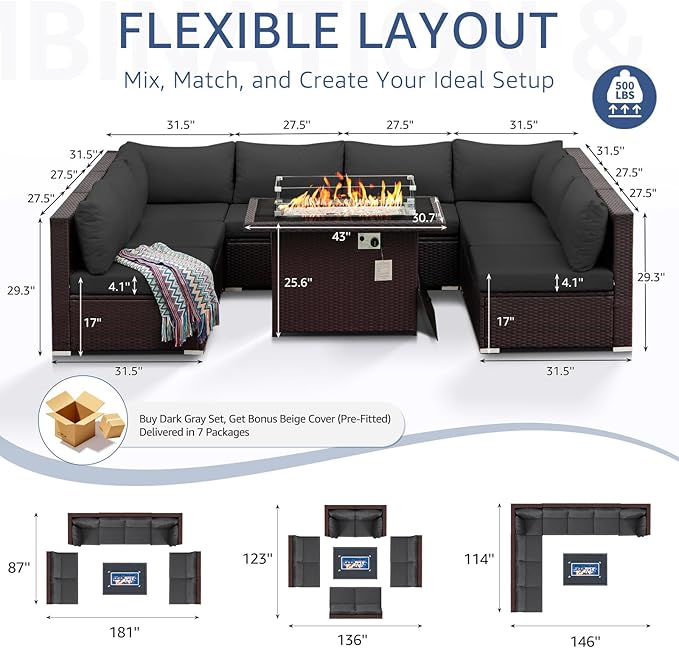 NICESOUL 9 Piece Extra Large Outdoor Patio Furniture Set with Fire Pit Natural Gas/Propane, 29.3 High Back Modular Sectional Couch Sets, Deep Seat Conversation Set, Brown Rattan and Dark Grey Cushion