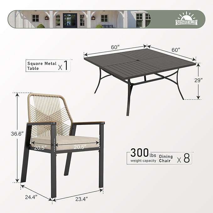 9 Pieces Patio Dining Set, 8 x Woven Rattan Chairs with Waterproof Cushion, 60" Square Metal Dining Table with Umbrella Hole, Outdoor Table and Chairs Set for Backyard Lawn and Deck, Beige