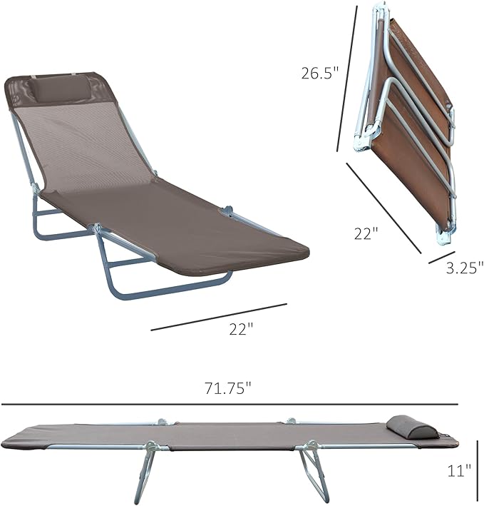 Outsunny Folding Chaise Lounge Chair, Pool Sun Tanning Chair, Outdoor Lounge Chair with Reclining Back, Breathable Mesh Seat, Headrest for Beach, Yard, Patio, Brown