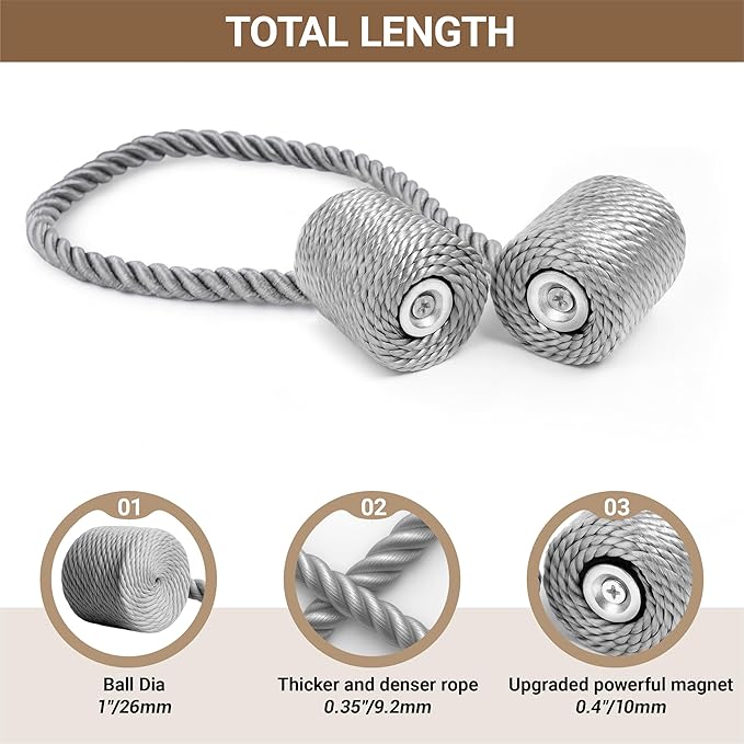 Hion Magnetic Curtain Tiebacks Grey 4 Pack, Curtain Tiebacks Buckles Holdbacks Holders Hooks Clip for Home Bedroom Office Decorative Thick or Thin Curtain