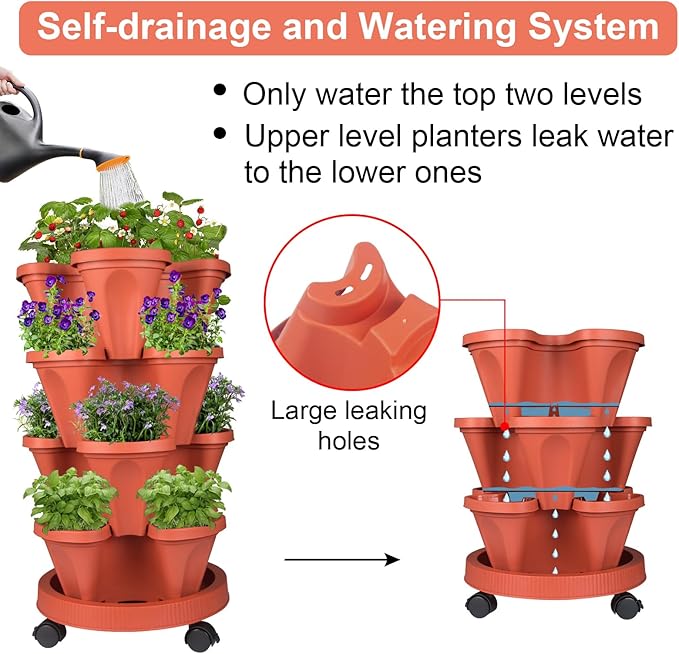 GameXcel Vertical Planter 4 Tier Stackable Planters Garden Planters Strawberry Herb Flower and Vegetable Planter Indoor Outdoor Gardening Pots with Removable Wheels and Tools 2-Pack