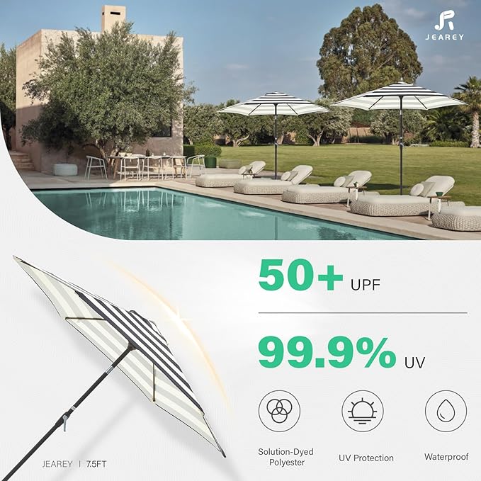 JEAREY 7.5FT Patio Umbrella Outdoor Market Umbrella with 6 Sturdy Ribs, Push Button Tilt/Crank Table Umbrella for Garden, Deck, Backyard and Pool, Beige & Black Stripe
