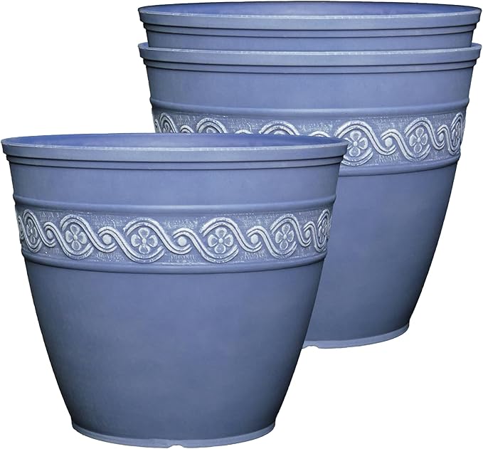 Classic Home and Garden Corinthian Round Resin Flower Planter Pot, Slate Blue 8" (Pack of 3)