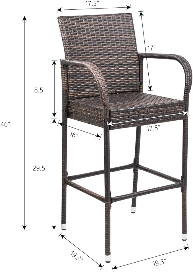 Homall Patio Bar Stools Wicker Barstools Indoor Outdoor Bar Stool Patio Furniture with Footrest and Armrest for Garden Pool Lawn Backyard Set of 2 (Brown)