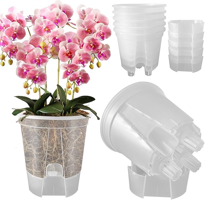 Cdd's Path 5-Pack 6 Inch Self Watering Naked Root Planter Pots with Drainage Holes & Reservoir, Plastic Planters with Air Pipes for Indoor Outdoor Plants，Clear