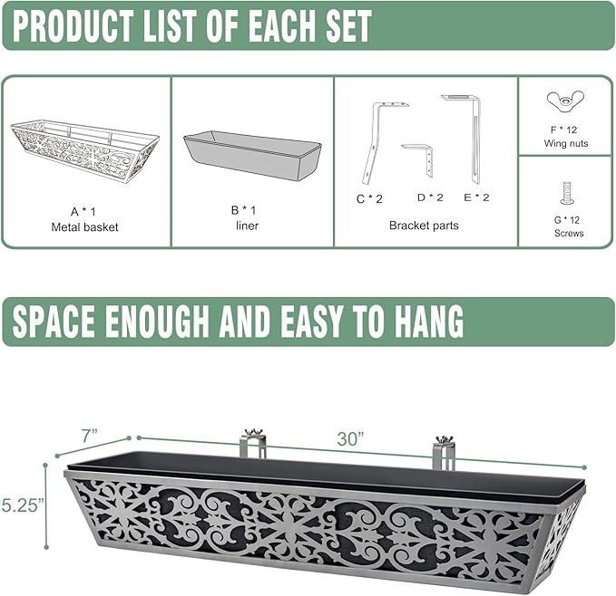 4 Pack 30 Inch Window Boxes Planter for Outdoor Plants Deck Railing Planters Box with Adjustable Brackets for Porch Fence Balcony Hanging Flower Baskets with Non-Woven Fabric Liner for Garden Décor