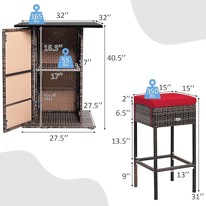 Tangkula 5 Piece Outdoor Rattan Bar Set, Patio Bar Furniture with 4 Cushions Stools and Smooth Top Table with Hidden Storage Shelf, Outdoor Conversation Set for Poolside, Backyard, Lawn (Red)