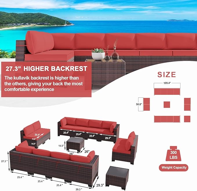 Kullavik 14 Pieces Outdoor Patio Furniture Set PE Wicker Rattan Sectional Sofa Patio Conversation Sets,Red