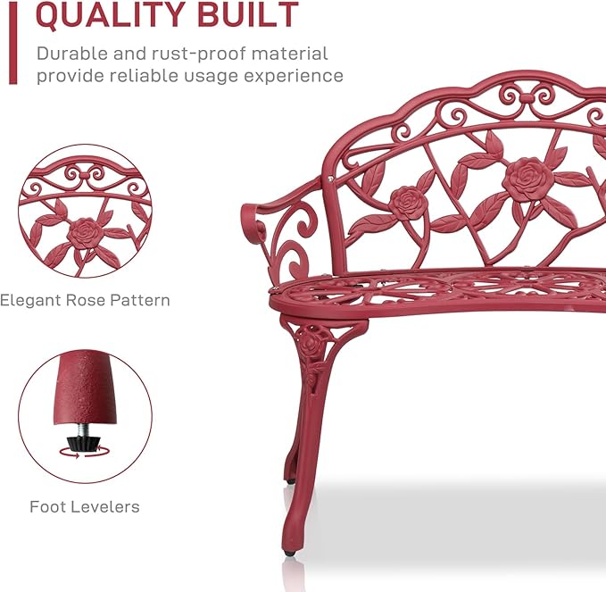 VINGLI 38.5" Patio Park Garden Outdoor Metal Rose Bench, 2-Person Cast Iron Cast Aluminium Frame Antique Finish Chair,Accented Lawn Front Porch Path Yard Decor Deck Furniture (Red, Rose)