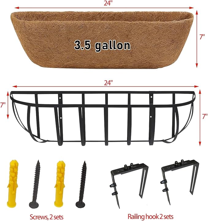 4 Pack 24" Railing Planter Window Box with Coco Fiber Liner Horse Trough Planter The Railing Planter Boxes for Deck Porch Fence Outdoor