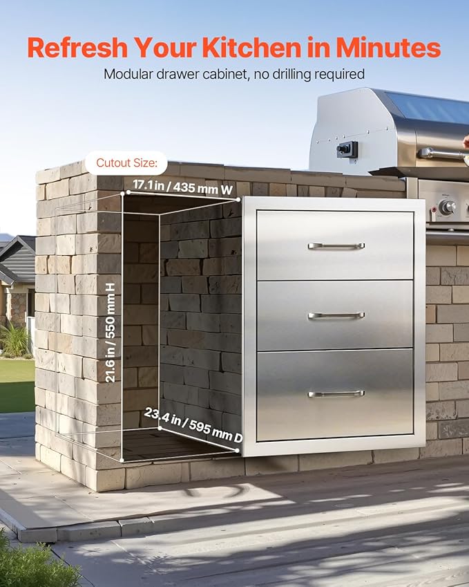 VEVOR Outdoor Kitchen Drawers 18.11" W x 23.23" D x 23.23" H, Triple-Access Stainless Steel Modular Drawer Cabinet with Handles, BBQ Island Drawer for Outdoor Kitchen or BBQ Island Patio Grill Station