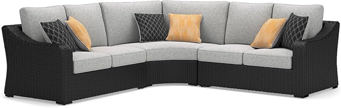 Signature Design by Ashley Beachcroft Curved Modern 3-Piece Outdoor Sectional with Cushion and 6 Throw Pillows, Light Gray