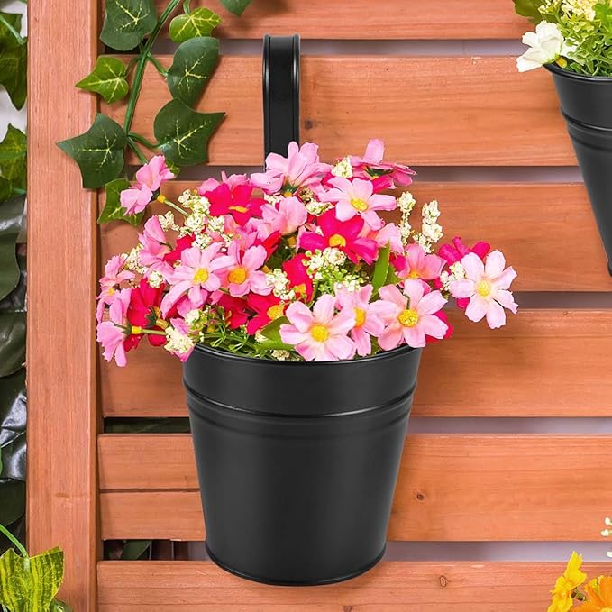 OBTANIM 12 Pack Metal Hanging Flower Pots Railing Planter Outdoor Fence Hanging Bucket Plant Holder with Detachable Hooks Drain Holes for Home Garden Yard Decor (Black and White, 4 x 4 Inch)