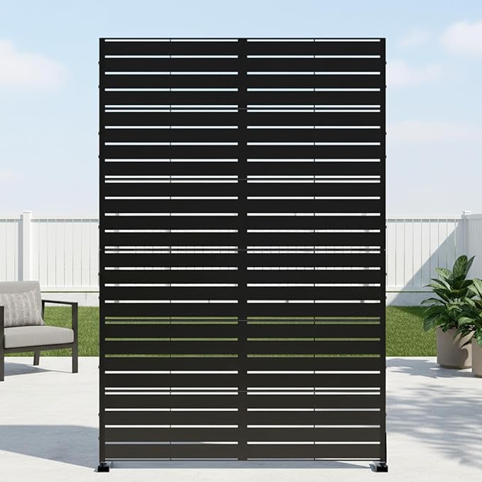 Casaphoria Metal Privacy Screen Outdoor, 72" H x 47" W Freestanding Decorative Privacy Screen for Patio Deck Balcony Garden with Stable Base, Louvered Black