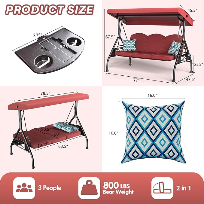 3 Seat Outdoor Porch Patio Swing with Stand 800lbs 2-in-1 Convertible Swing Bed with Adjustable Canopy & Removable Cushion for Yard Garden Deck (Wine Red, Round Tube)