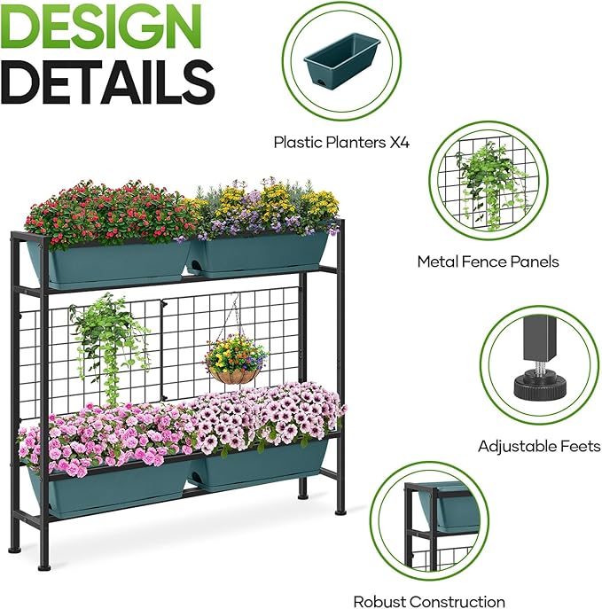 CADUKE Raised Planter Box with Legs, 32" Elevated Vegetable Garden Beds, Raised Garden Bed with Drainage Holes & Trellis, Herb Garden Planter Outdoor for Vegetables, Balcony, Patio, Green