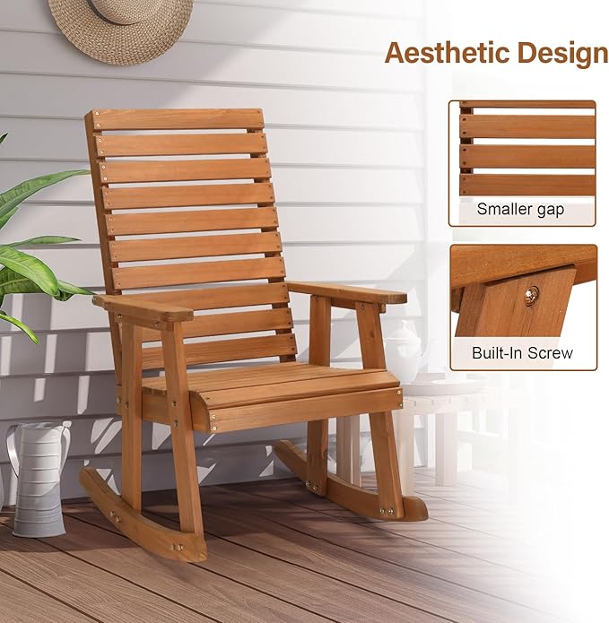 VINGLI Wooden Rocking Chair with High Backrest, Solid Fir Wood, Heavy Duty 600 LBS Patio Rockers for Indoor and Outdoor, Garden, Yard, Patio