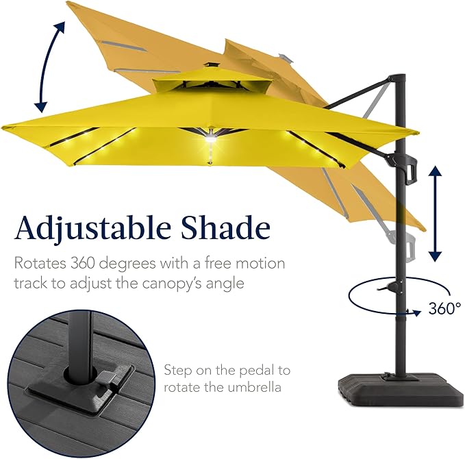Best Choice Products 12x12ft LED Cantilever Patio Umbrella w/Base Included & 360° Rotation, Large Solar Offset Hanging Outdoor Sun Shade for Deck, Backyard Table w/Stand & Lights – Yellow