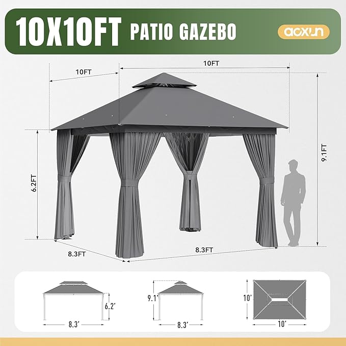 Aoxun Outdoor Gazebo for Patio 10x10, Metal Frame Canopy with Double Roofs, Heavy Duty Party Tent and Shelter with Mosquito Netting and Privacy Screen for Backyard, Lawn, Garden, Deck
