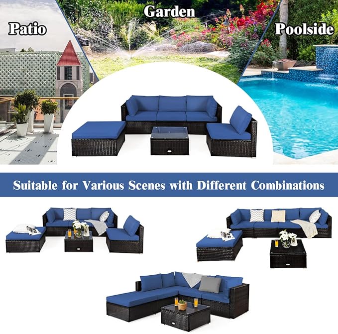 Tangkula 6 Piece Patio Furniture Set, Outdoor Deck Lawn Backyard Durable Steel Frame PE Rattan Wicker Sectional Sofa Set, Conversation Set with Coffee Table (Navy)