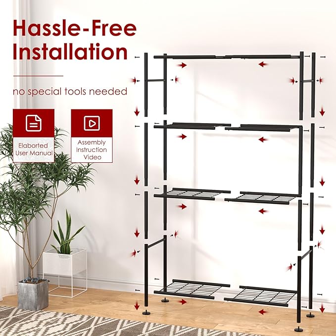 Storage Shelves - 4 Tier Shelf Organizer, Heavy Duty Garage Shelving Unit with Leveling Feet, Stable Metal Shelves Organizer for Pantry, Kitchen and Closet, 33.0" W x 12.6" D x 57.2" H, Black