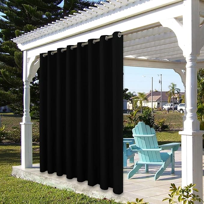 BONZER Waterproof Indoor/Outdoor Curtains for Patio Thick Privacy Wide Grommet Curtains for Bedroom, Living Room, Porch, Pergola, Cabana, 1 Panel, 110W x 95L inch, Black