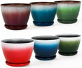 Worth Garden Plastic Round 8" Plant Pots - Set of 6 Multicolor Small Gloss Flower Pot Planters with Drainage Hole and Saucer - Home Decorative Christmas Containers
