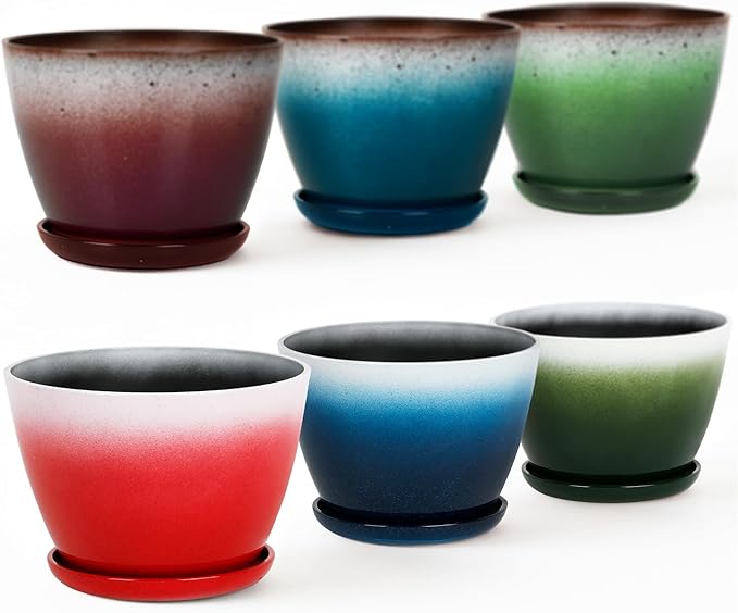 Worth Garden Plastic Round 8" Plant Pots - Set of 6 Multicolor Small Gloss Flower Pot Planters with Drainage Hole and Saucer - Home Decorative Christmas Containers