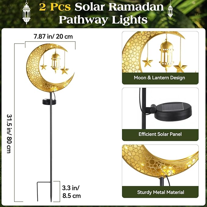 Lewondr 2Pcs Ramadan Solar Lights, Ramadan Decorations Outdoor, Metal Yard Signs LED Eid Decorations Mubarak Star Moon Lantern, Waterproof Solar Garden Stakes Lights for Walkway Lawn Patio
