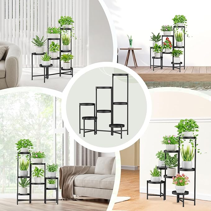 iDavosic.ly Plant Stand Indoor Outdoor, 7 Tier Corner Metal Flower Display Holder Shelf, Easy Assembly Folding Tall Orchid Rack for Patio Balcony Porch Garden Living Room House, Black