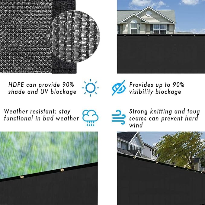 UPGRADE Privacy Fence Screen 6'x10' Black Outdoor 90% Visibility Blockage 170 GSM Mesh Shade Cover Panels for Backyard,Balcony,Home Decoration with Zip Ties,Customized Avaliable