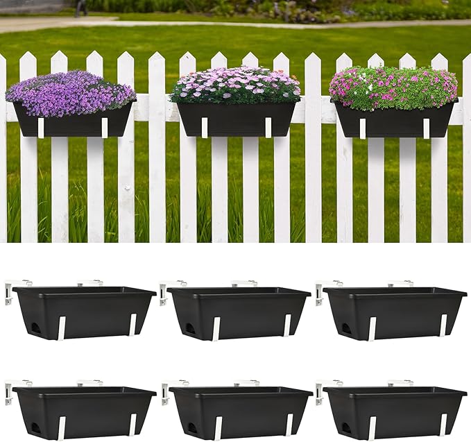 ETELI Railing Planter 6 Pack, 16.9 Inch Window Basket Deck Boxes Plastic Flower Rail Planters Holder with Adjustable Detachable Hooks for Outdoor Balcony Porch Patio, Black & White