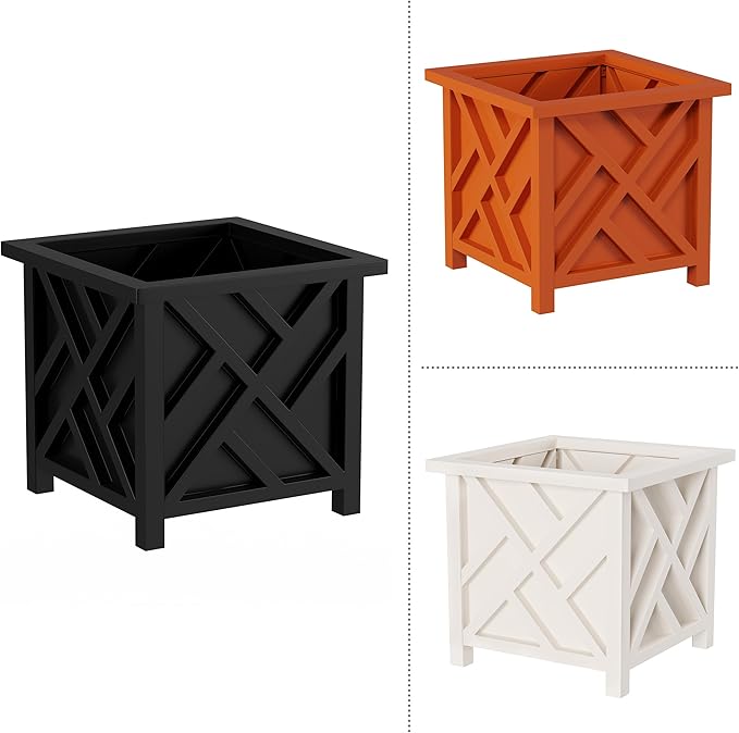Lattice Design Planter Box 2-Pack – 14.75-Inch Decorative Outdoor Flower or Plant Pots – Front Porch, Patio, and Garden Decor by Pure Garden (Black)