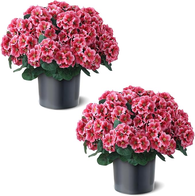 2 Pack Artificial Geranium Flowers Topitary Trees for Outdoors, UV Resistant Geraniums Potted Bushes Look Real Silk Faux Plants for Front Door Garden Porch Planter Farmhouse Home Decor (Peach Red)