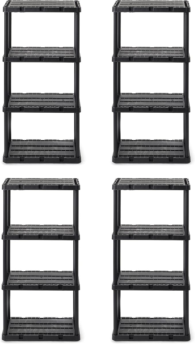 Gracious Living 4 Pack Light Duty Storage Shelves, Knect-A-Shelf 4-Shelf Ventilated Shelving Rack Organizer for Home, Garage, Basement & Laundry, Black