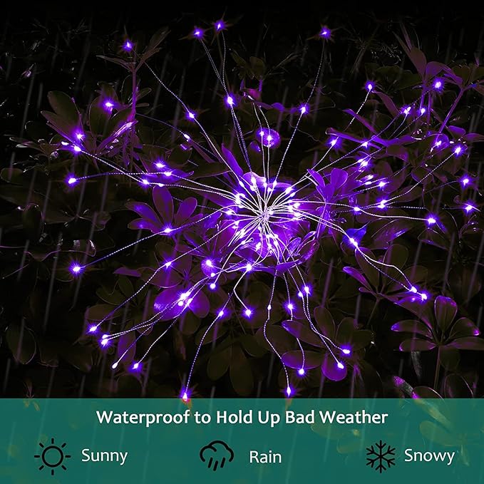 JJGoo Solar Firework Lights, 2 Pack 150 LEDs 2 Lighting Modes Solar Lights Outdoor Waterproof for Garden Patio Walkway Pathway Party Wedding Christmas Decorative - Purple