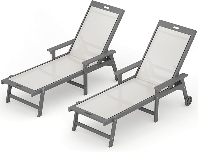 LUE BONA Chaise Lounge Chair Outdoor Set of 2, HDPS and HDPE Wicker Chaise Lounger with 5 Positions, Pool Lounge Chairs with Wheels and Adjustable Backrest for Patio, Poolside, Deck, Backyard