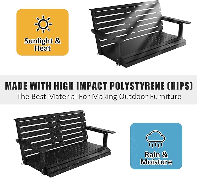 Poly Lumber 2-Seat Porch Swing, HIPS 4.5-Feet Bench Swing with Foldable Cup Holders,18/8 Stainless Steel Hardware, High Backrest and Deep Contoured Seat (Carbon Black, 4.5-feet)